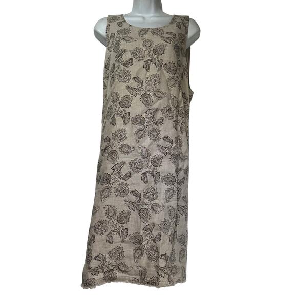Garnet Hill Linen Dress Size 18 Beige Brown Floral Print Sleeveless Midi Raw Hem - Picture 1 of 6